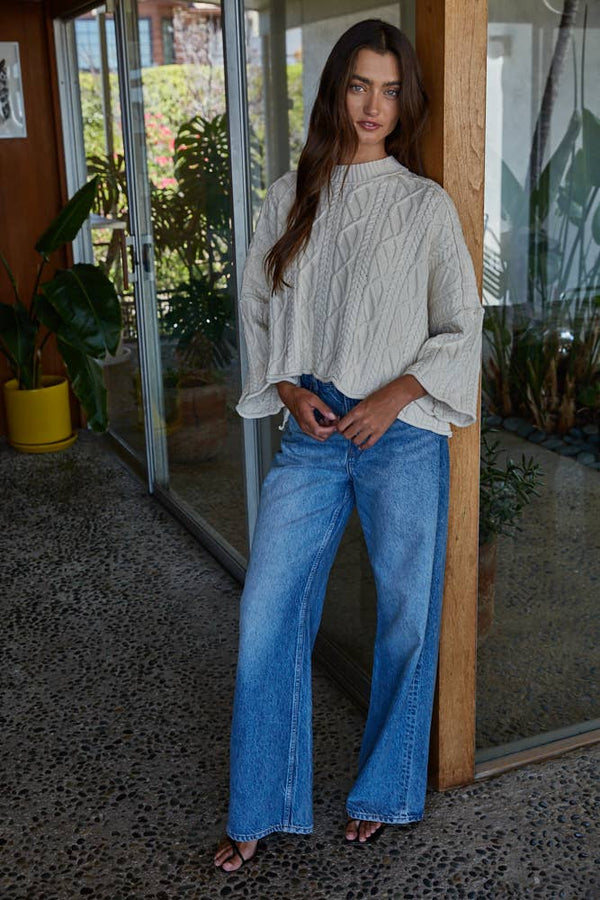 KNIT CABLE SWEATER 3/4 SLEEVE PULLOVER