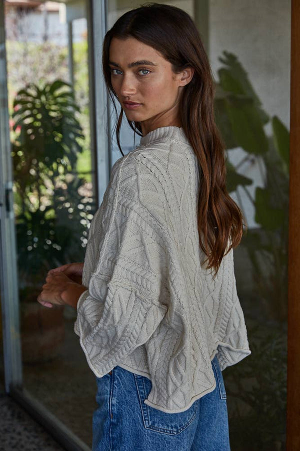 KNIT CABLE SWEATER 3/4 SLEEVE PULLOVER