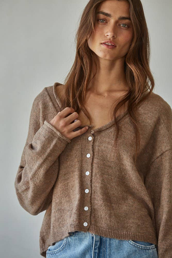 MOCHA KNIT ROLLED V-NEK CARDIGAN