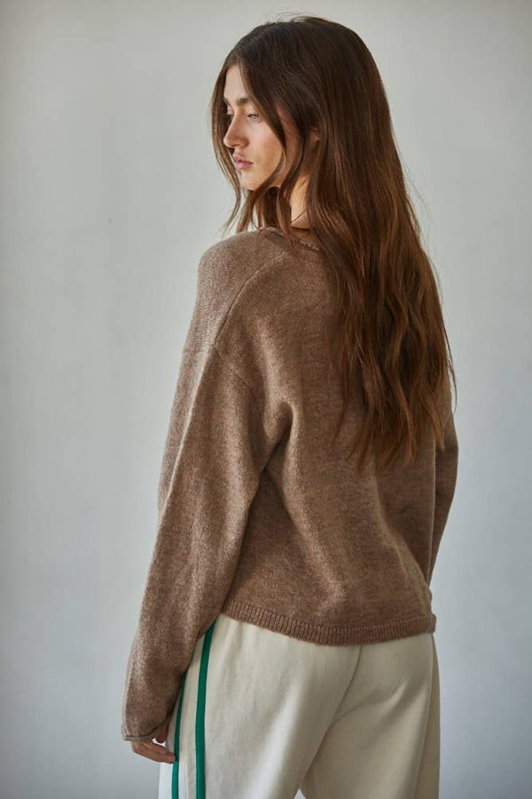 MOCHA KNIT ROLLED V-NEK CARDIGAN