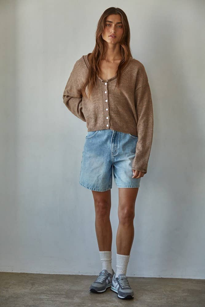 MOCHA KNIT ROLLED V-NEK CARDIGAN