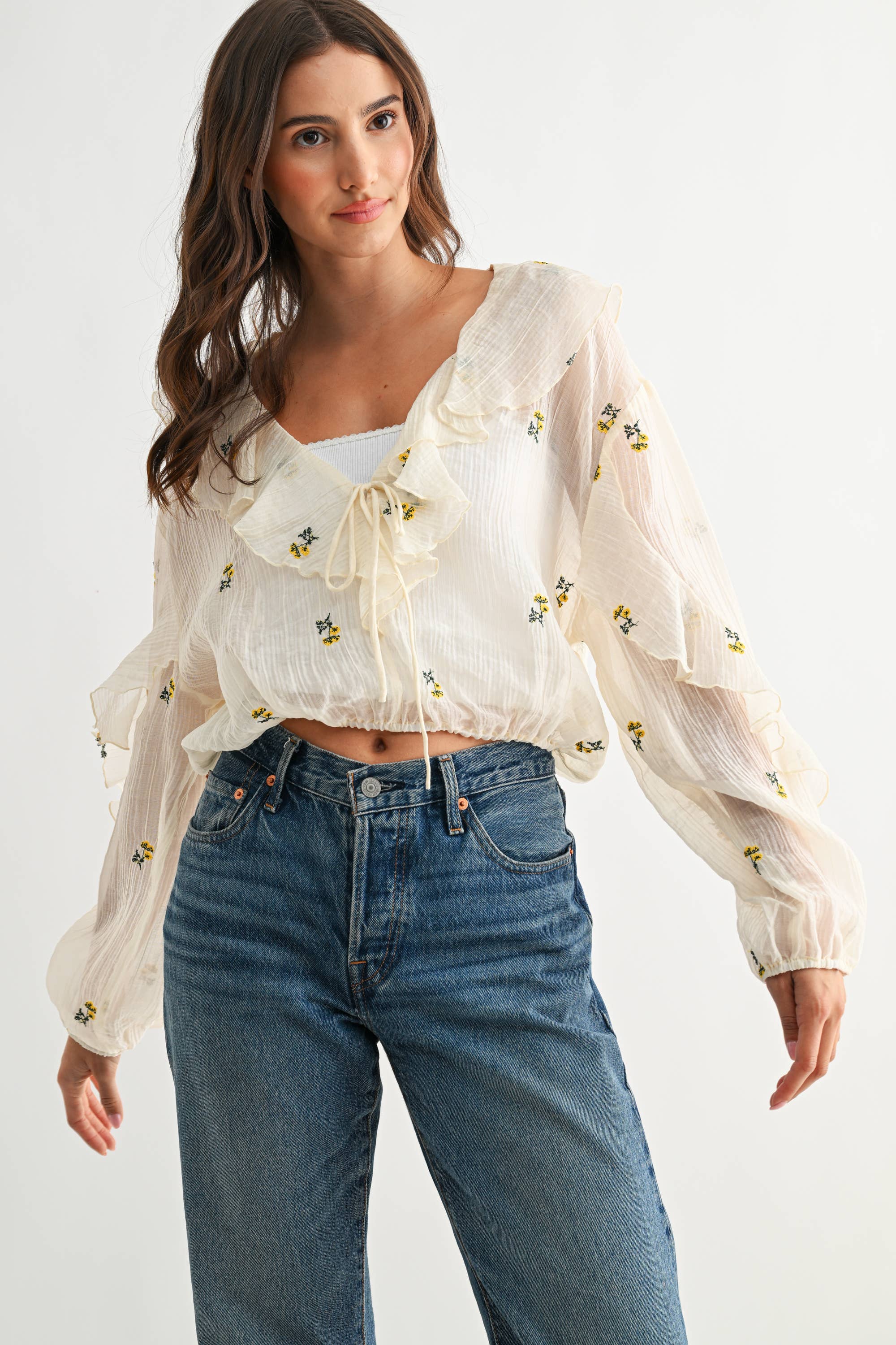IVORY FLORAL RUFFLE TIE-FRONT BLOUSE