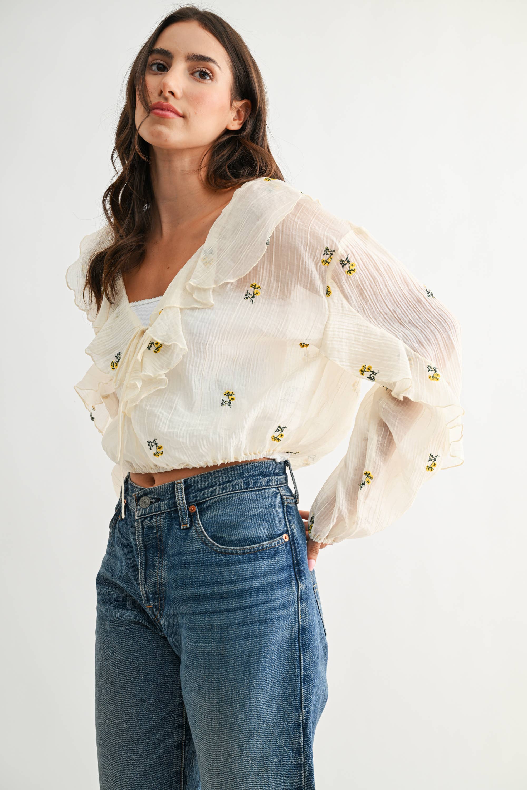 IVORY FLORAL RUFFLE TIE-FRONT BLOUSE