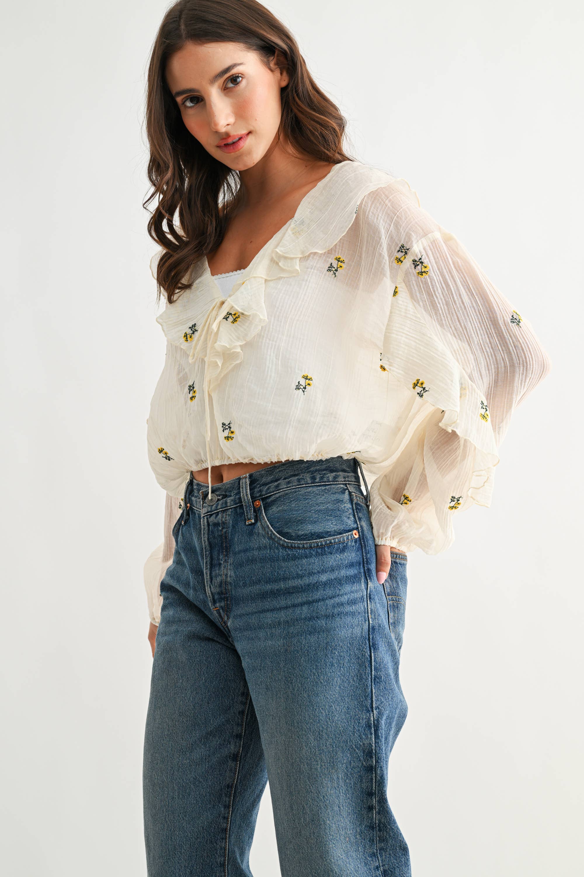 IVORY FLORAL RUFFLE TIE-FRONT BLOUSE