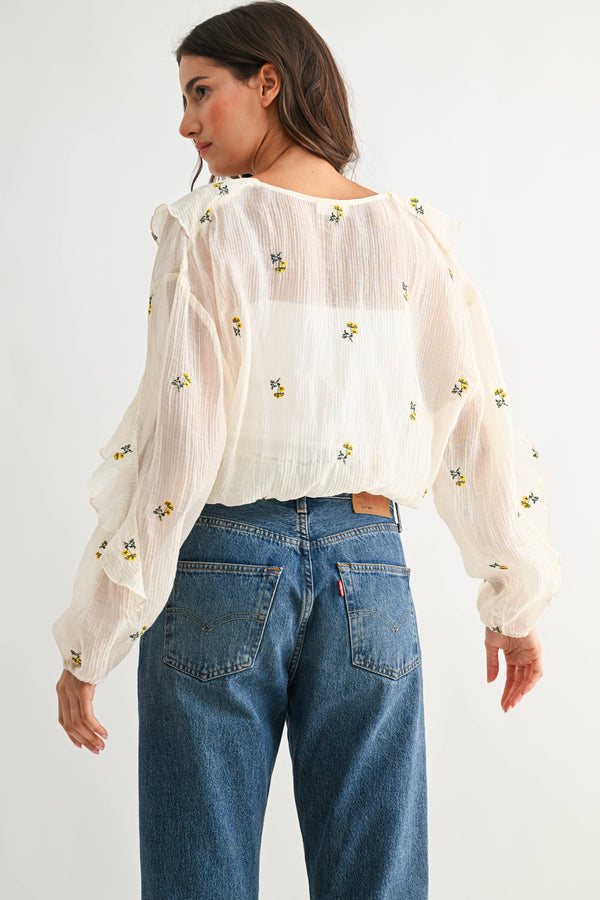 IVORY FLORAL RUFFLE TIE-FRONT BLOUSE