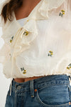 IVORY FLORAL RUFFLE TIE-FRONT BLOUSE