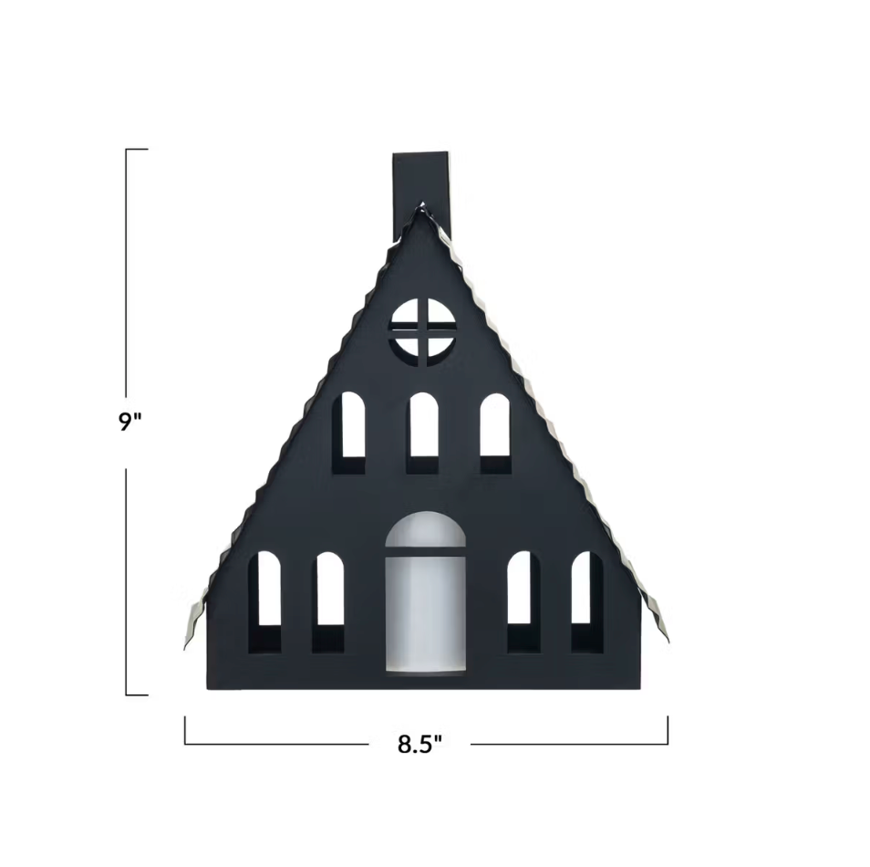 Black triangular wall art with cut-out patterns and measurements on a white background