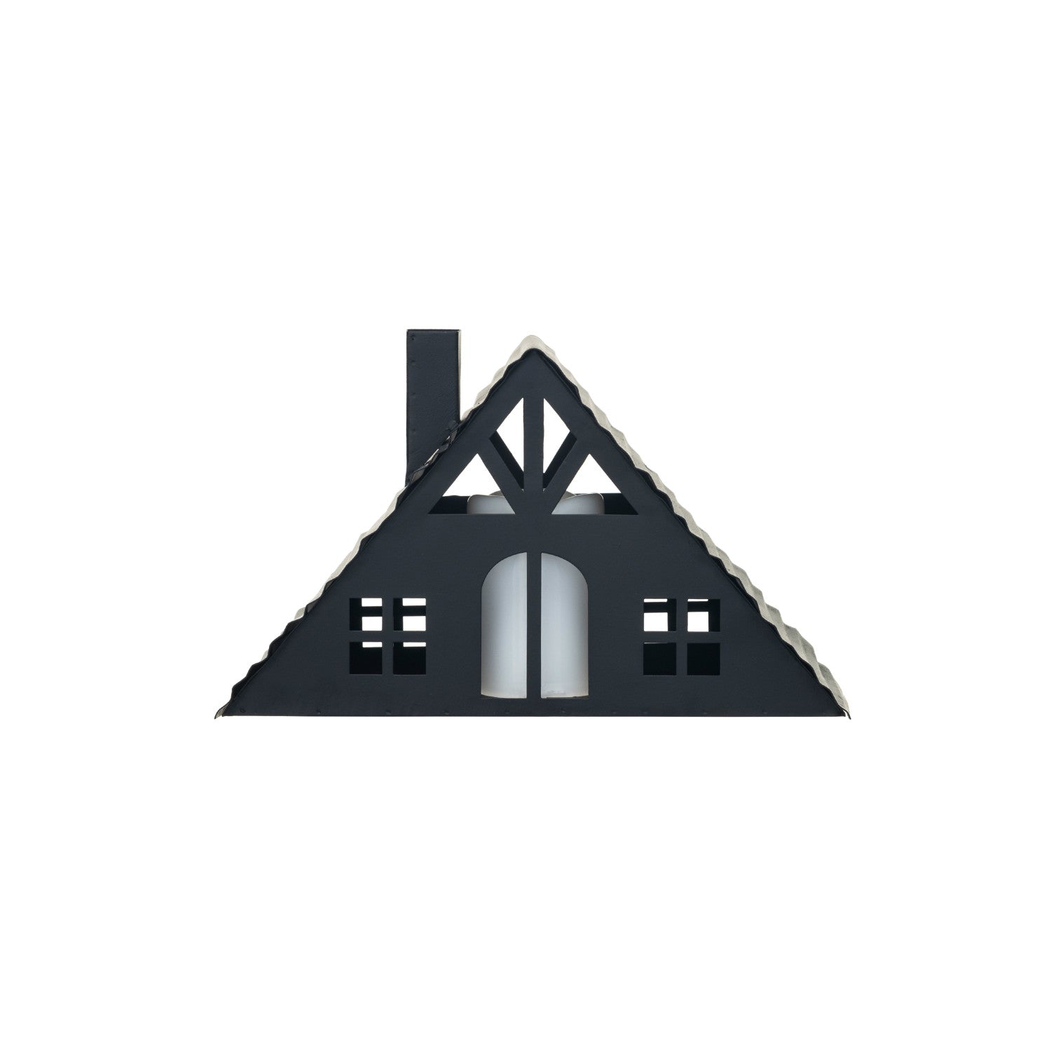 A black metal house with a triangular roof and a door, designed for Christmas decoration.