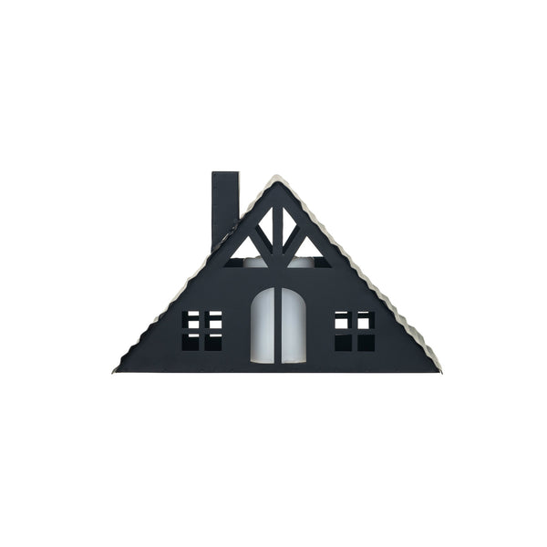A black metal house with a triangular roof and a door, designed for Christmas decoration.