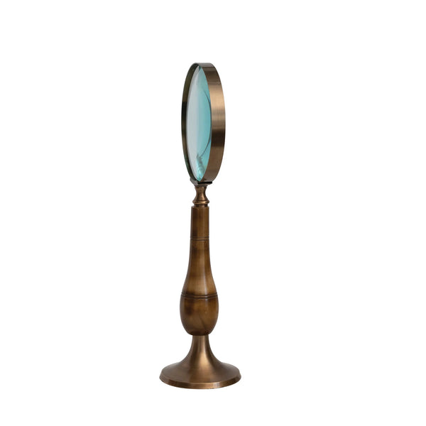 BRASS & BONE MAGNIFYING GLASS ON STAND, ANTIQUE FINISH