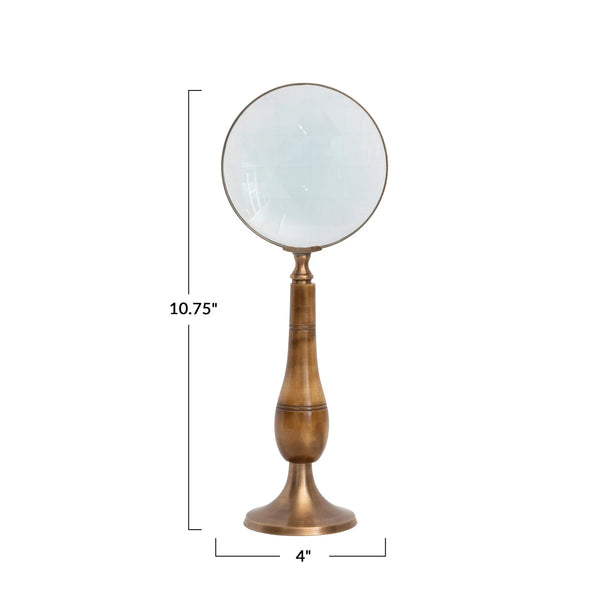 BRASS & BONE MAGNIFYING GLASS ON STAND, ANTIQUE FINISH