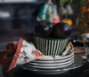 HAND-PAINTED STONEWARE STRIPED BOWL, CREAM COLOR & GREEN