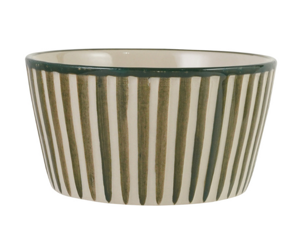 HAND-PAINTED STONEWARE STRIPED BOWL, CREAM COLOR & GREEN