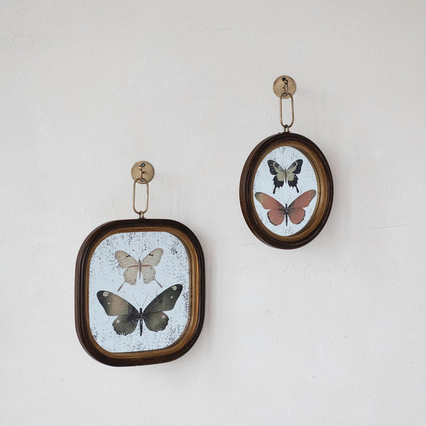 WOOD FRAMED ANTIQUE MIRROR WALL DECOR WITH BUTTERFLIES & METAL WALL HOOK