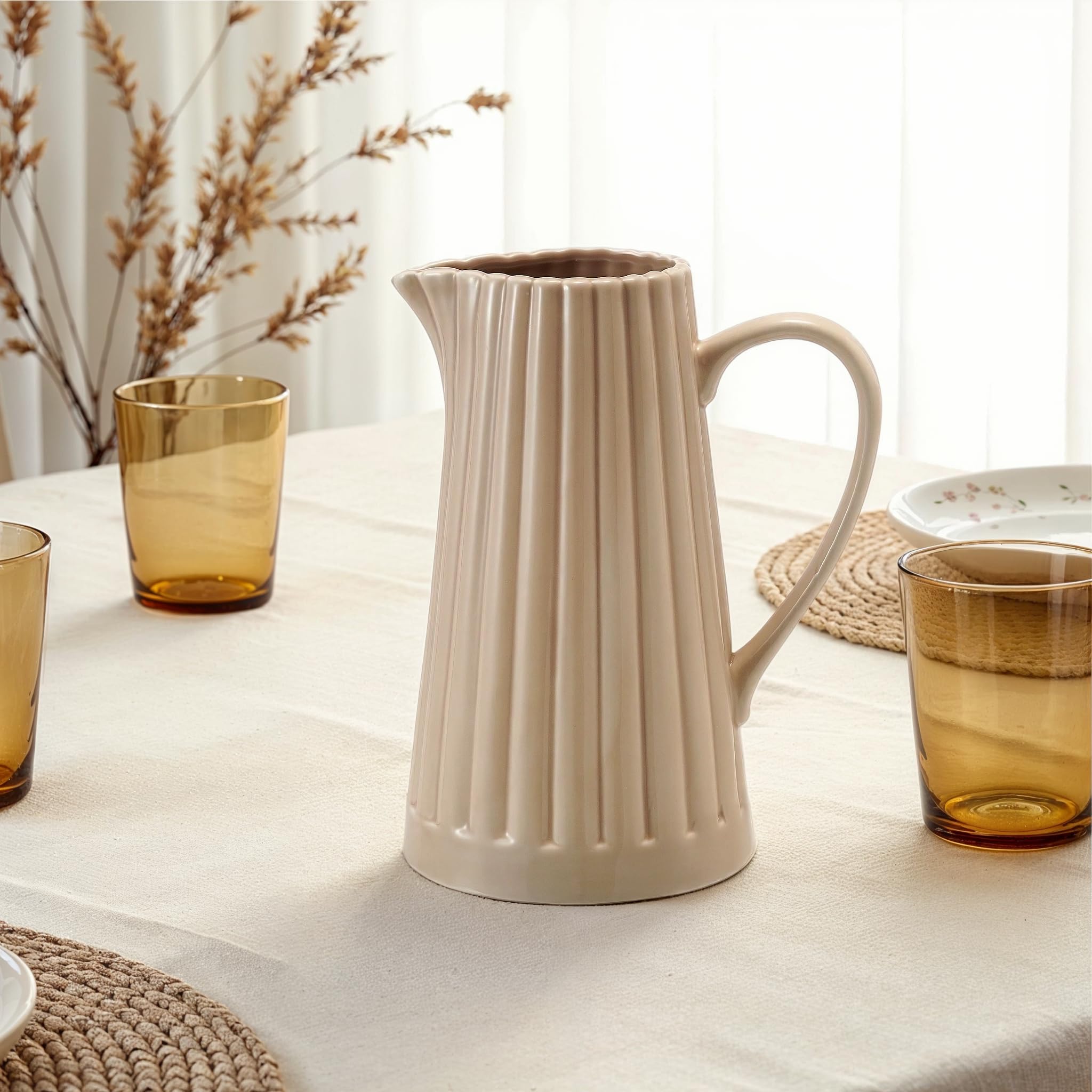 Color Pitcher 40 oz. Stoneware Ribbed Pitcher, Reactive Glaze, Cream Color