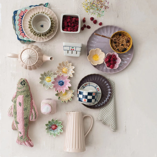 40 OZ. STONEWARE RIBBED PITCHER, REACTIVE GLAZE, CREAM COLOR