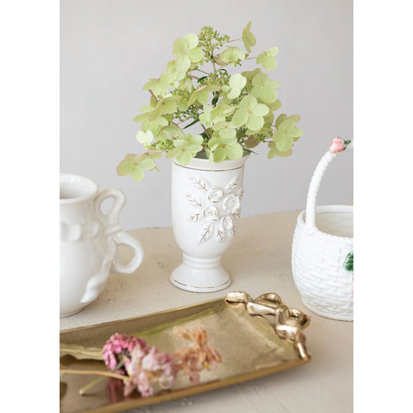 FOOTED SLENDER VASE WITH 3D FLOWERS & GOLD ELECTROPLATING