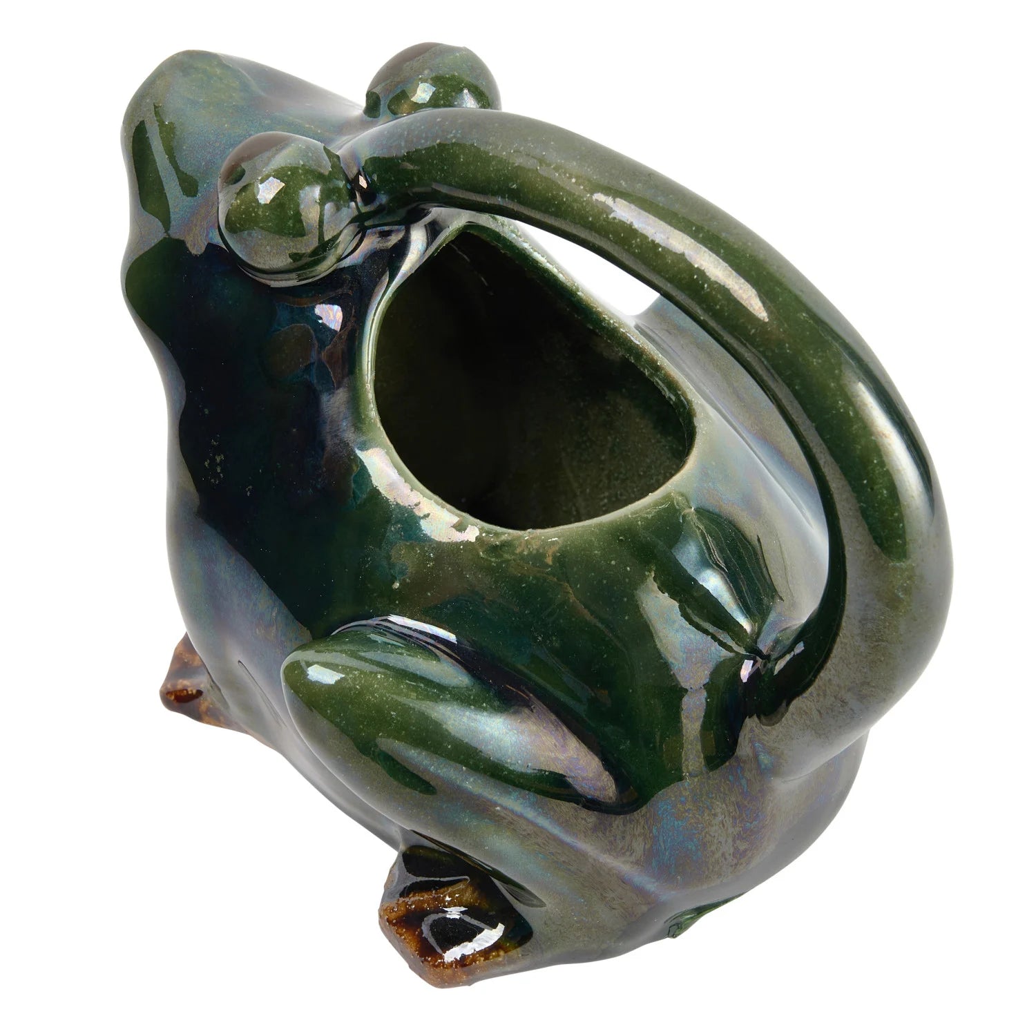 32 OZ. STONEWARE FROG WATERING PITCHER, REACTIVE GLAZE, GREEN, WHITE & BROWN (EACH ONE WILL VARY)