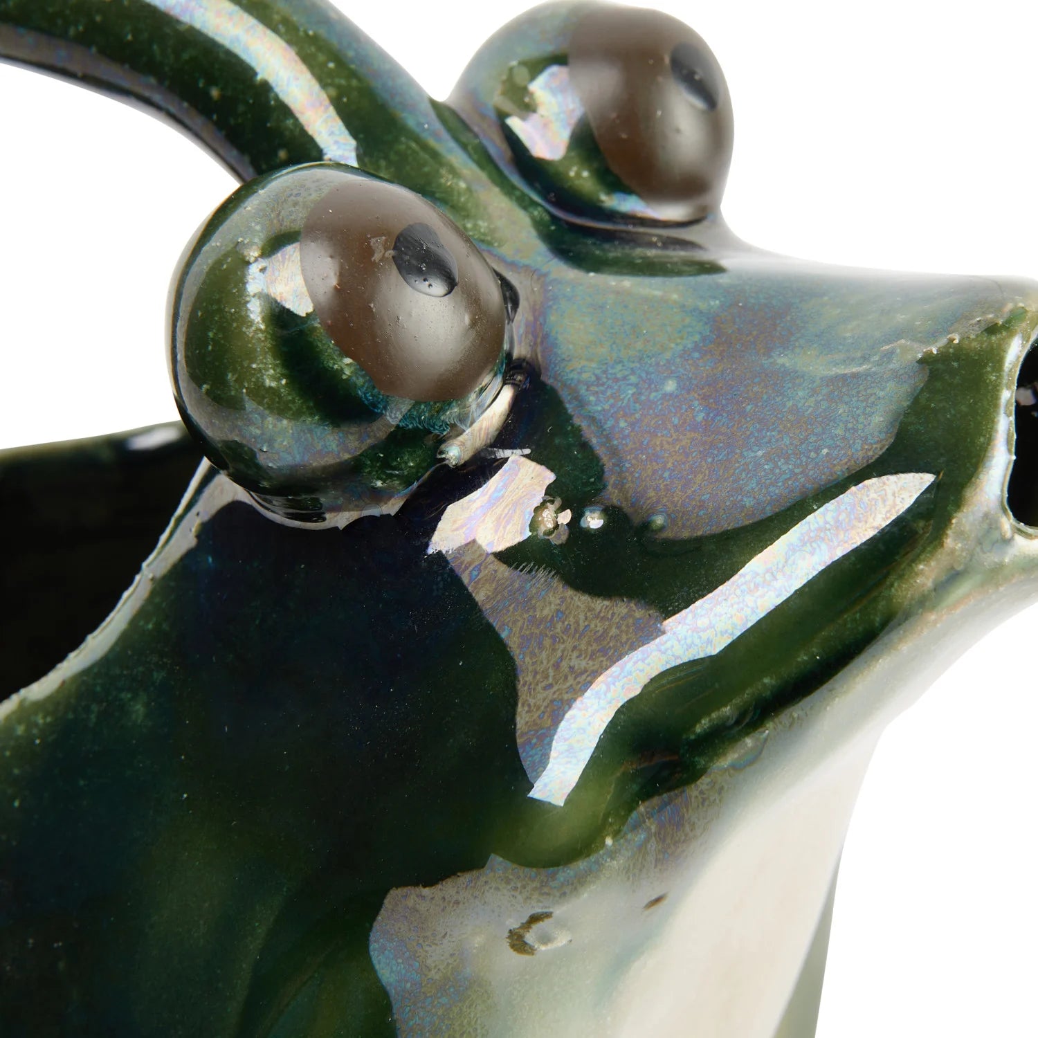 32 OZ. STONEWARE FROG WATERING PITCHER, REACTIVE GLAZE, GREEN, WHITE & BROWN (EACH ONE WILL VARY)