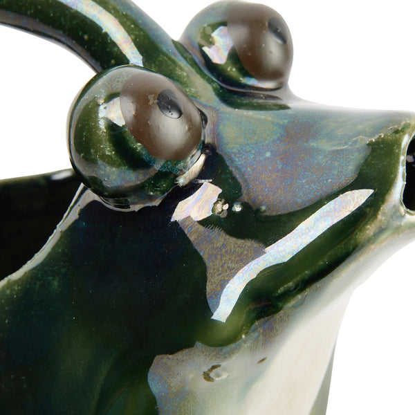 32 OZ. STONEWARE FROG WATERING PITCHER, REACTIVE GLAZE, GREEN, WHITE & BROWN (EACH ONE WILL VARY)
