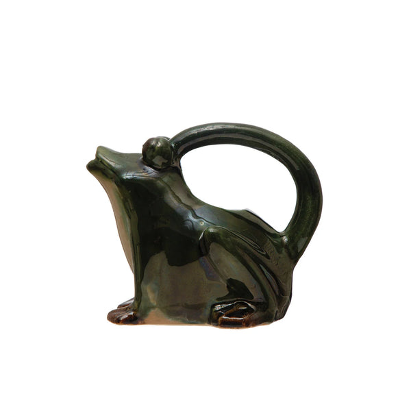 32 OZ. STONEWARE FROG WATERING PITCHER, REACTIVE GLAZE, GREEN, WHITE & BROWN (EACH ONE WILL VARY)