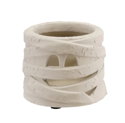 TERRRA-COTTA MUMMY LANTERN WITH CUT-OUTS, WHITE