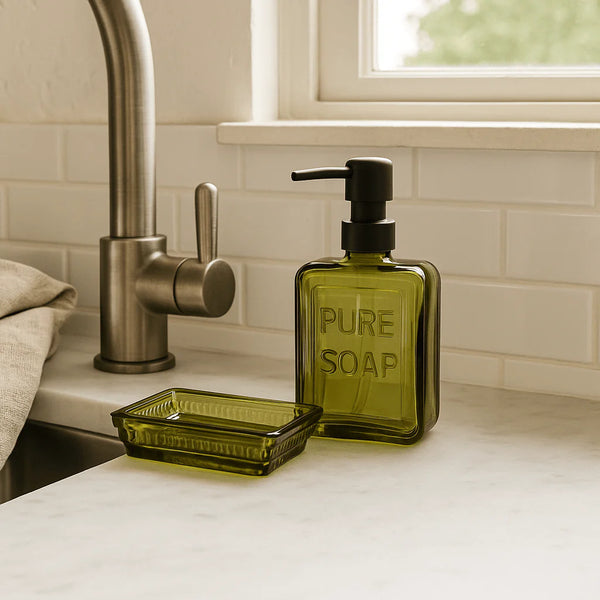 PRESSED GLASS SOAP DISH, OLIVE COLOR
