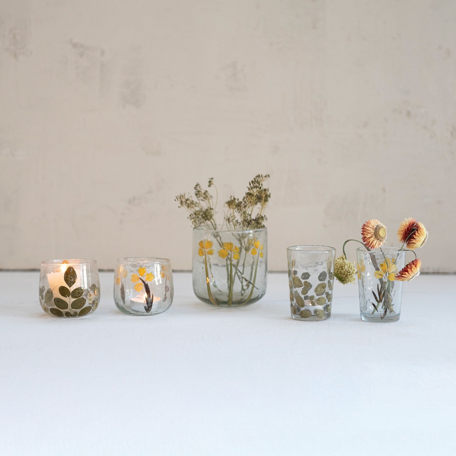 HANDMADE GLASS TEALIGHT/VOTIVE HOLDER WITH EMBEDDED NATURAL SILK OAK LEAVES