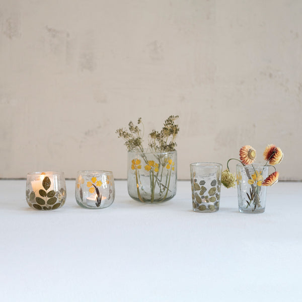 HANDMADE GLASS TEALIGHT/VOTIVE HOLDER WITH EMBEDDED NATURAL SILK OAK LEAVES