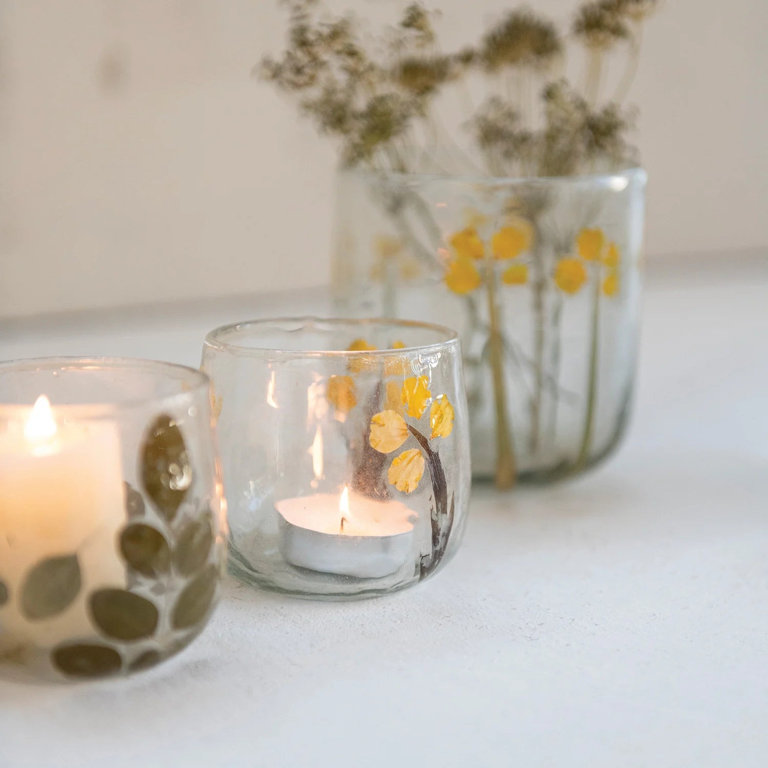 HANDMADE GLASS TEALIGHT/VOTIVE HOLDER WITH EMBEDDED NATURAL SILK OAK LEAVES
