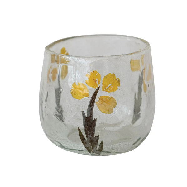 HANDMADE GLASS TEALIGHT/VOTIVE HOLDER WITH EMBEDDED NATURAL SILK OAK LEAVES