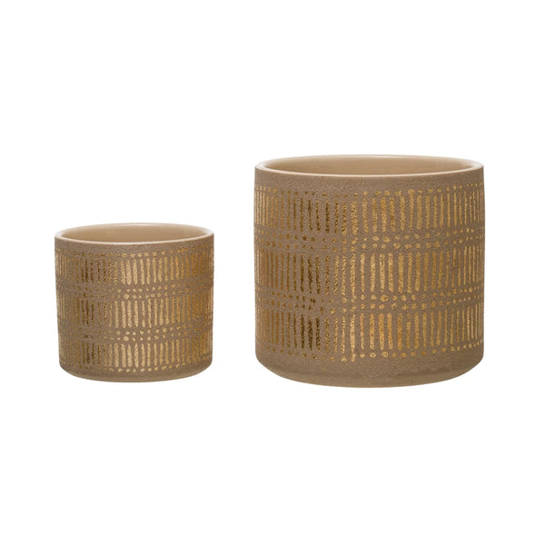 GOLD STONEWARE PLANTERS WITH PATTERN