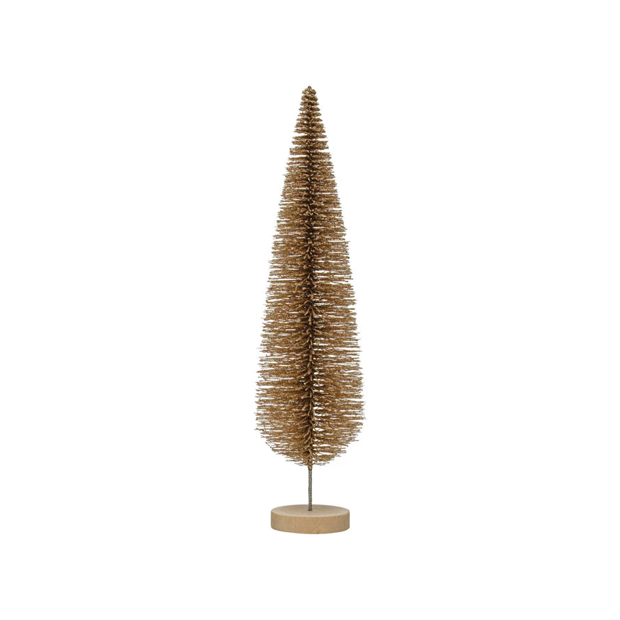 PLASTIC BOTTLE BRUSH W/ GLITTER & WOOD BASE, GOLD FINISH