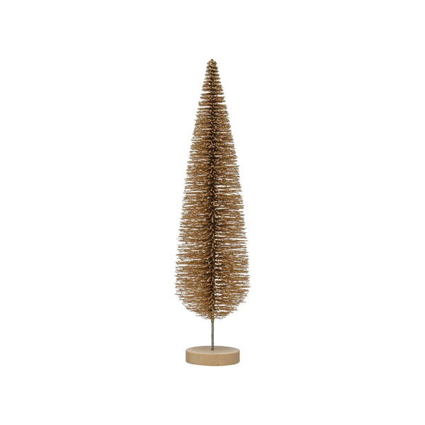 PLASTIC BOTTLE BRUSH W/ GLITTER & WOOD BASE, GOLD FINISH