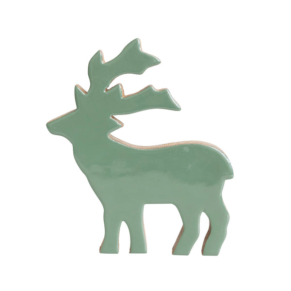 7"L X 8"H ENAMELED MANGO WOOD DEER, GREEN
