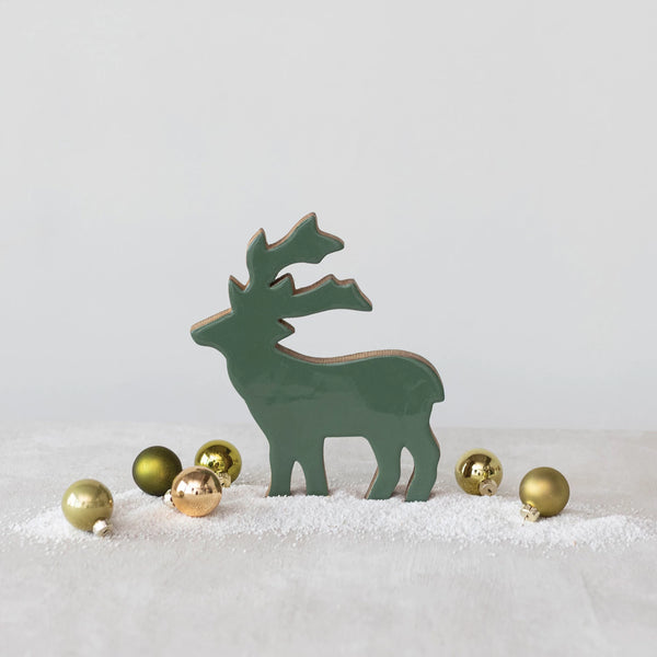 7"L X 8"H ENAMELED MANGO WOOD DEER, GREEN