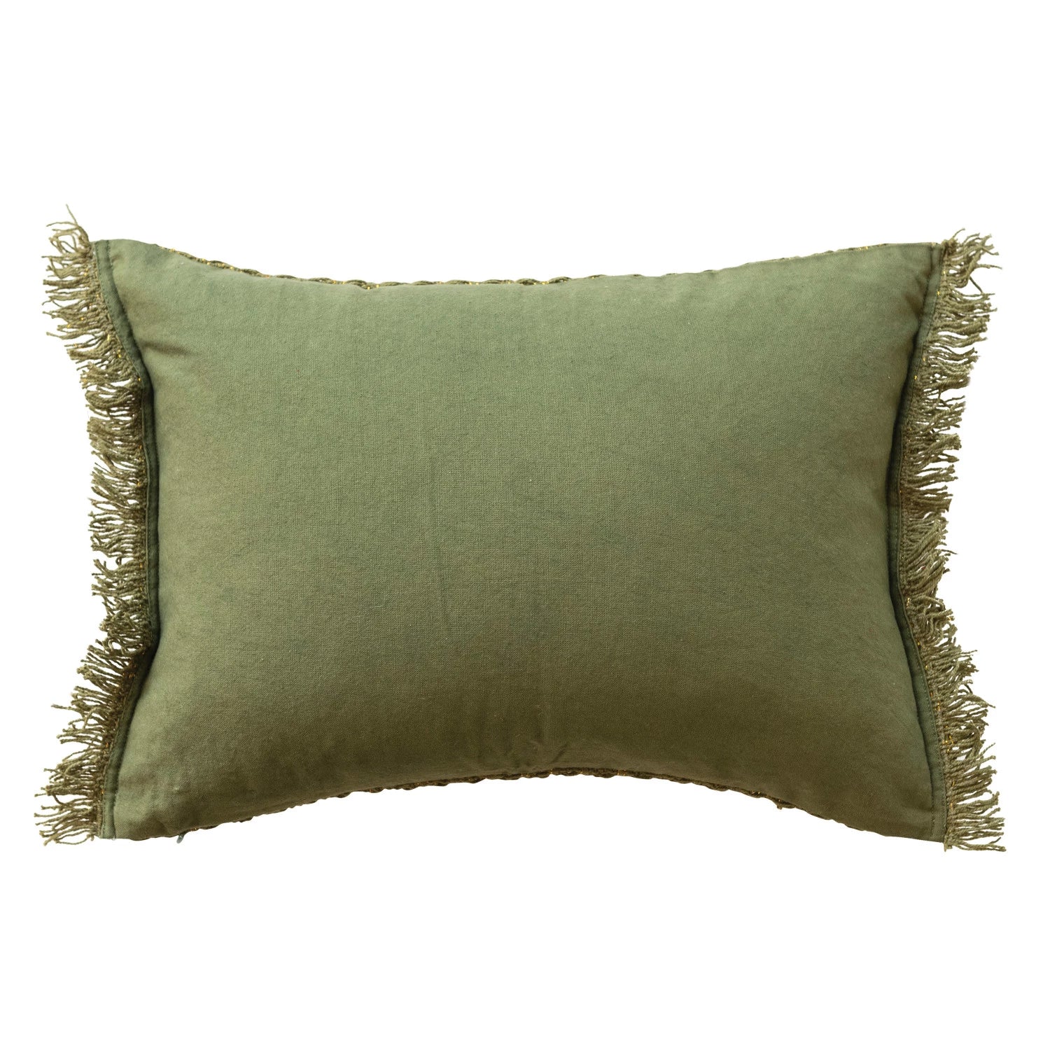WOVEN COTTON LUMBAR PILLOW W/ METALLIC GOLD THREAD & FRINGE, GREEN
