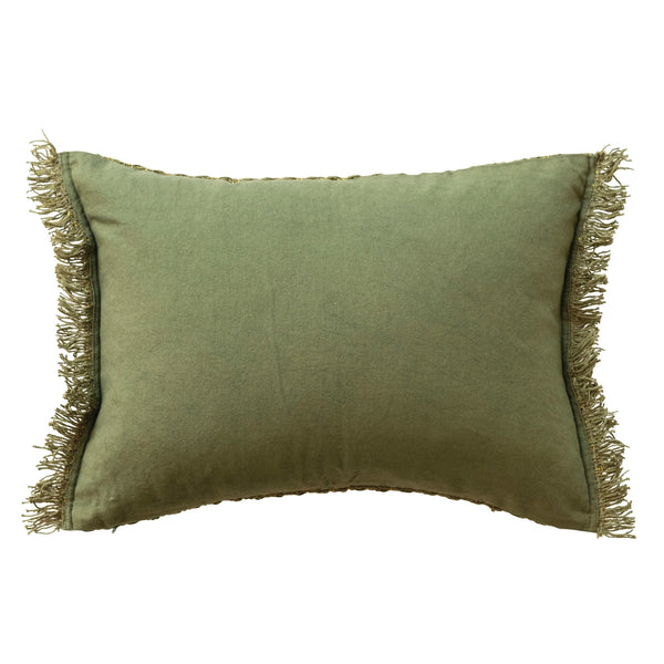 WOVEN COTTON LUMBAR PILLOW W/ METALLIC GOLD THREAD & FRINGE, GREEN
