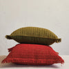 WOVEN COTTON LUMBAR PILLOW W/ METALLIC GOLD THREAD & FRINGE, GREEN