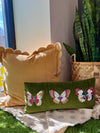 COTTON VELVET PILLOW W/ SCALLOPED FLANGE & EMBROIDERED EDGE, MUSTARD COLOR