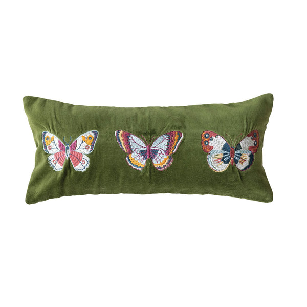 Cotton Velvet Lumbar Pillow with Embroidered Butterflies & Chambray Back