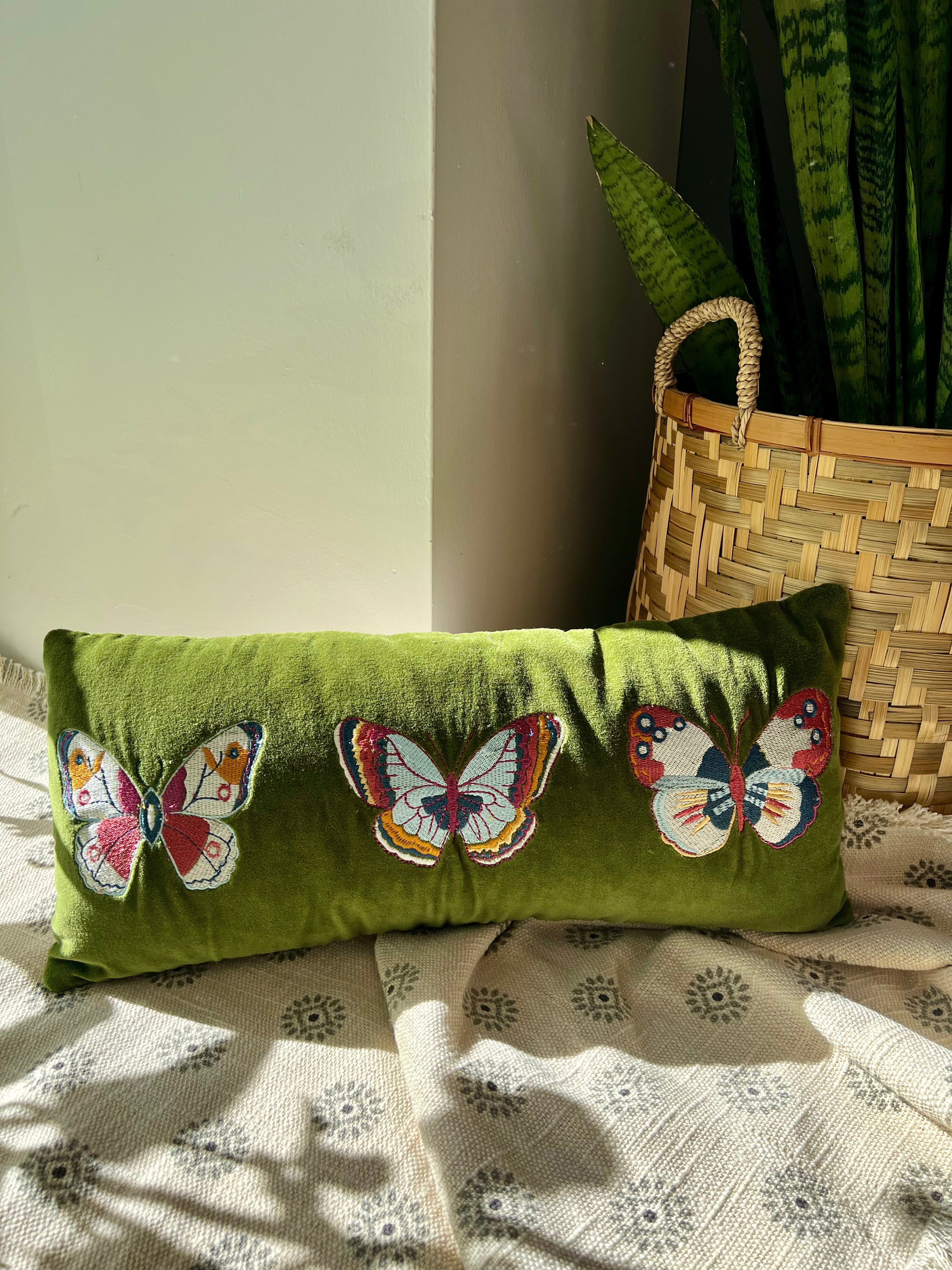 COTTEN VELVET LUMBAR PILLOW WITH EMBROIDERED BUTTERFLIES & CHAMBRAY BACK