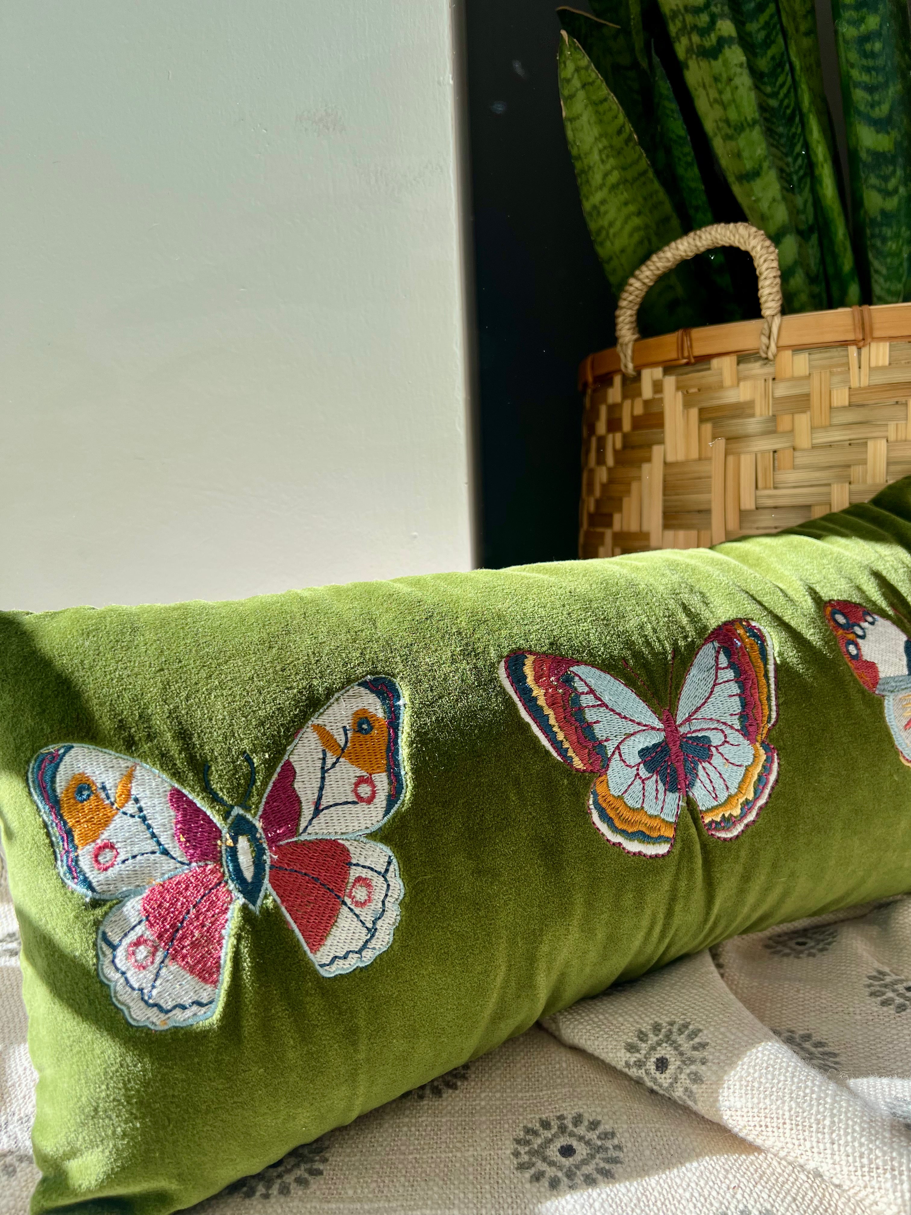 COTTEN VELVET LUMBAR PILLOW WITH EMBROIDERED BUTTERFLIES & CHAMBRAY BACK