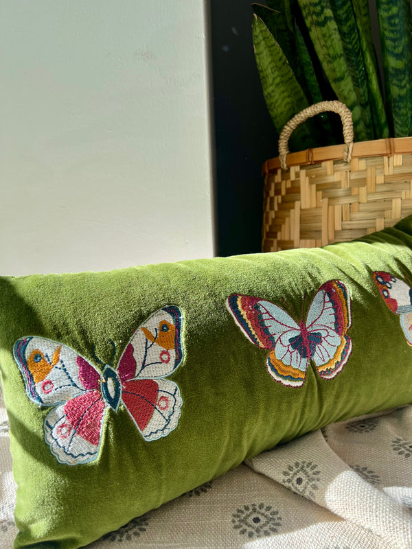 COTTEN VELVET LUMBAR PILLOW WITH EMBROIDERED BUTTERFLIES & CHAMBRAY BACK