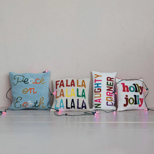 16" SQUARE COTTON SLUB PILLOW W/ TUFTING & POM POM TRIM "HOLLY JOLLY"