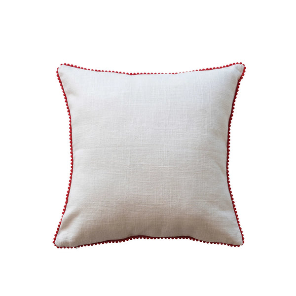16" SQUARE COTTON SLUB PILLOW W/ TUFTING & POM POM TRIM "HOLLY JOLLY"
