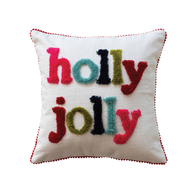 16" Square Cotton Slub Pillow w/ Tufting & Pom Pom Trim "holly jolly", Multi Color