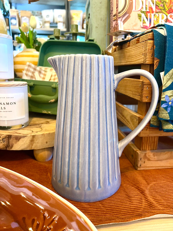 40 OZ. STONEWARE RIBBED PITCHER, REACTIVE GLAZE, LIGHT BLUE