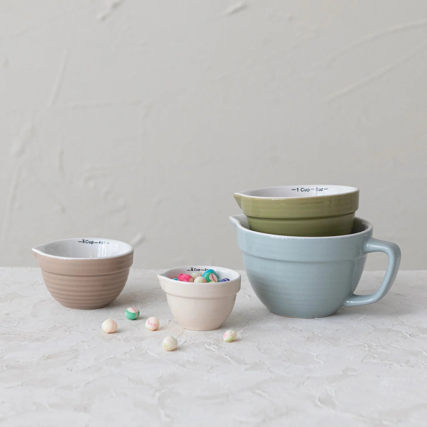 STONEWARE BATTER BOWL MEASURING CUPS, 4 COLORS, SET OF 4