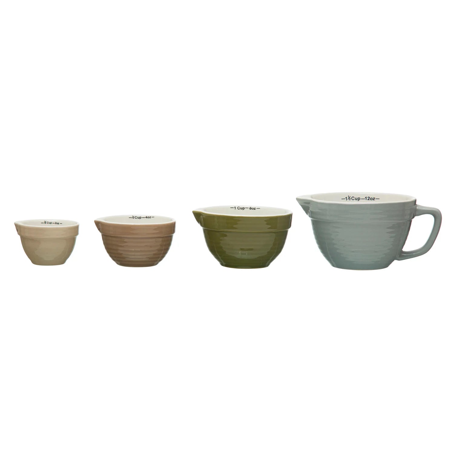 STONEWARE BATTER BOWL MEASURING CUPS, 4 COLORS, SET OF 4